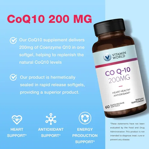 Vista 3 de Vitamin World Cápsulas blandas CoQ10 de 200 mg, suplementos de coenzima Q10 para apoyo antioxidante, salud cardíaca y producción de energía, sin