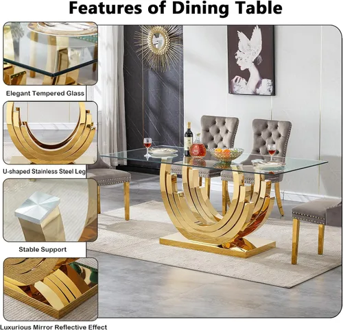 Vista 6 de Juego de mesa de comedor de cristal dorado de 5 piezas, 70 pulgadas, rectangular, moderna, para cocina y comedor, mesa de comedor para 4, mesa
