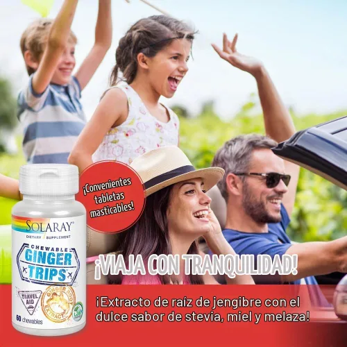 Vista 4 de SOLARAY Ginger Trips Travel Aid Extracto de raíz Apoyo digestivo saludable con miel, stevia y melaza 60 masticables