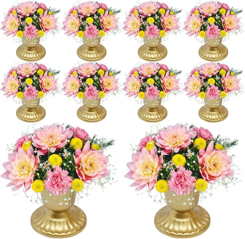 Vista 20 de Juego de 10 portavelas de metal dorado de 10.2 pulgadas de alto, florero, arreglo floral, candelabro, candelabro, portavelas para bodas, fiestas