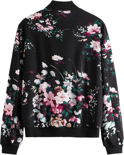 Vista 2 de Romwe Chaqueta bomber ligera con cremallera y estampado floral para mujer