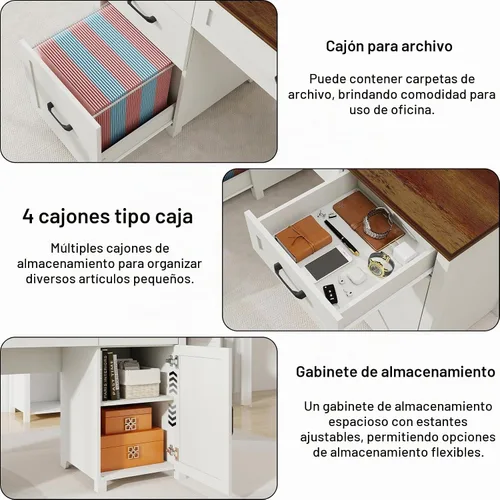 Vista 3 de Vabches Farmhouse - Escritorio ejecutivo de 61 pulgadas con 5 cajones, escritorio de oficina rústico para computadora con cajones de archivos