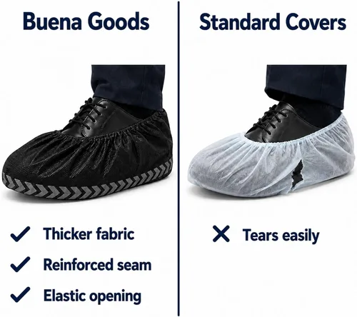 Vista 5 de Paquete de 100 fundas negras desechables extragrandes para botas y zapatos. Botines reutilizables resistentes al agua duraderos con peldaños