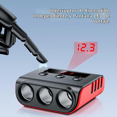 Vista 6 de SONRU - Divisor de encendedor de cigarrillos 7 en 1, divisor de encendedor de cigarrillos con 4 puertos USB de carga rápida, interruptores