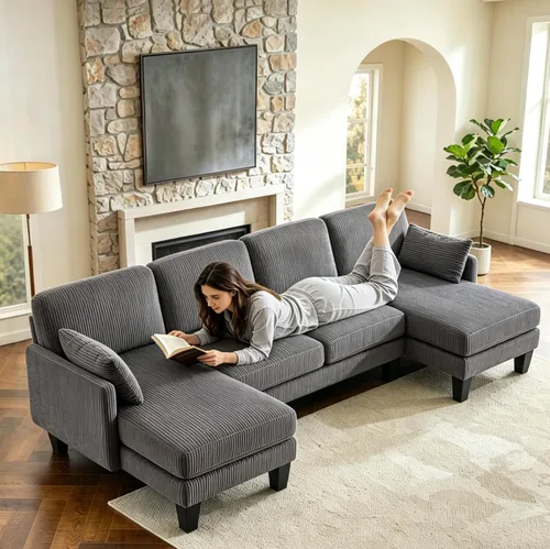 Vista 18 de VINGLI Sofá modular de 110 pulgadas para sala de estar, sofá en forma de U con diván doble, juego de sofá de 4 asientos con tela de felpilla