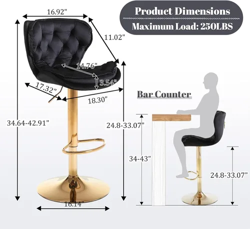 Vista 2 de Taburetes de bar de terciopelo, modernos taburetes giratorios de altura ajustable, sillas de mostrador de 360 grados con respaldo y base de metal