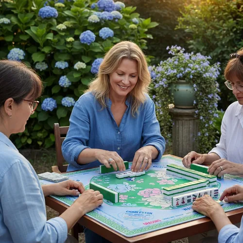 Vista 5 de Soulchen Tapete Mahjong americano de flores azules y verdes para mesa con Azul y verde