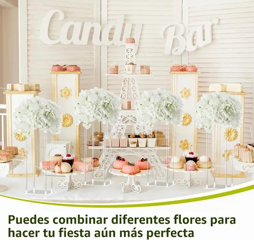Vista 4 de Geetery Jarrón de acrílico alto para centros de mesa de boda, soporte elegante transparente con flores de hortensias artificiales para bodas