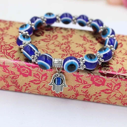 Vista 6 de Evil Eye Hamsa Blue Beaded Charm Stretch Bracelet Hand of Fatima Turkish Lucky Evil Eye Bracelet for Protection and Blessing
