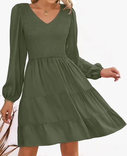Vista 2 de ZESICA - Minivestido casual con cuello en V y manga larga para mujer, fruncido, de cintura alta y con volantes, vestido acampanado y escalonado