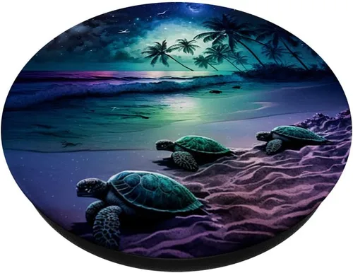Vista 2 de Tortuga marina noche en la playa bajo cielo estrellado, PopSockets de tortuga marina intercambiables PopGrip