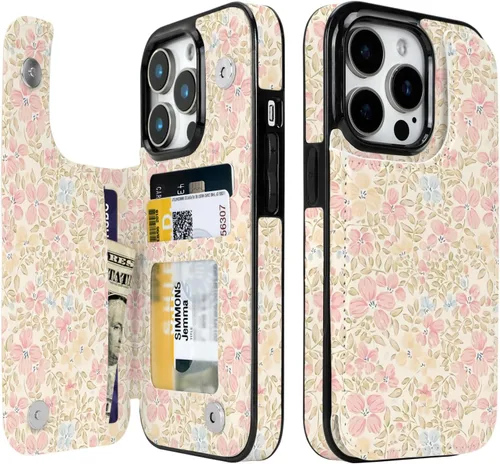 Vista 9 de Funda compatible con iPhone 14/15 con tarjetero y ranuras integradas de piel sintética con función atril y a prueba de golpes para iPhone 14/15