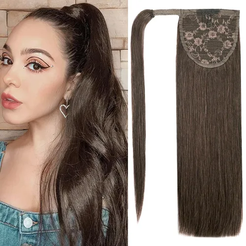 Vista 7 de Extensión de cola de caballo de cabello humano #4 marrón chocolate 100% Remy, extensión de cola de caballo recta envolvente alrededor de colas