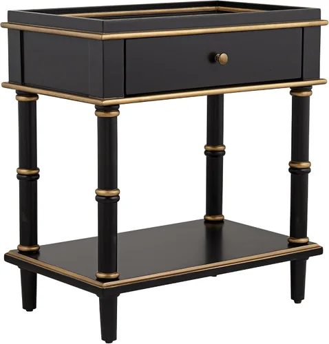 Vista 3 de 55 Downing Street Cason Modern Glam Luxe - Mesa auxiliar rectangular de madera de 15 x 24 pulgadas con cajón y estante, mango de borde dorado negro
