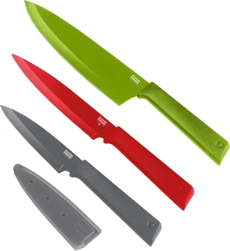 Vista 9 de Kuhn Rikon COLORI+ Juego de cuchillos mixtos con revestimiento antiadherente y fundas de seguridad, juego de 5, fucsia, azul, gris grafito, verde