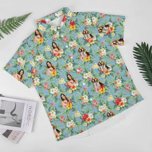 Vista 4 de Camisa hawaiana personalizada con caras, camisa hawaiana de manga corta para hombre, diseño floral tropical para novio, marido, hijo