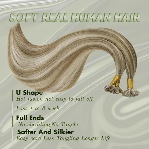 Vista 2 de RUNATURE Extensiones de cabello humano con punta en U, color marrón ceniza a rubio platino