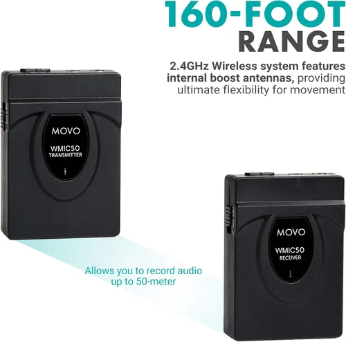 Vista 4 de Movo WMIC50 Sistema de micrófono inalámbrico Lavalier de 2.4 GHz con antena integrada de 164 pies
