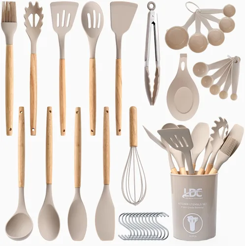 Vista 8 de LDC - Juego de utensilios de cocina de silicona de 35 piezas con soporte, silicona de grado alimenticio sin BPA, asas de madera resistentes al Gris