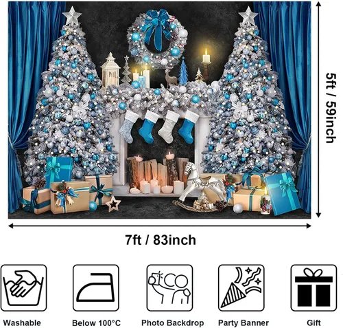 Vista 4 de Avezano Telón de fondo para chimenea de Navidad, cajas de regalo de juguetes, fondo de árbol de Navidad para fotografía, vintage, azul y blanco