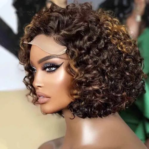 Vista 3 de Pelucas cortas de cabello humano rizado estilo Bob con reflejos, pelucas de encaje frontal HD de 13 x 4, pelucas de cabello brasileño con corte