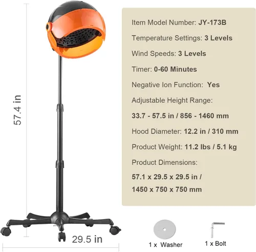 Vista 7 de Happybuy Secador de capó iónico, secador de pelo profesional de 1875 W, temporizador y 3 ajustes de calor, velocidad ajustable, soporte móvil