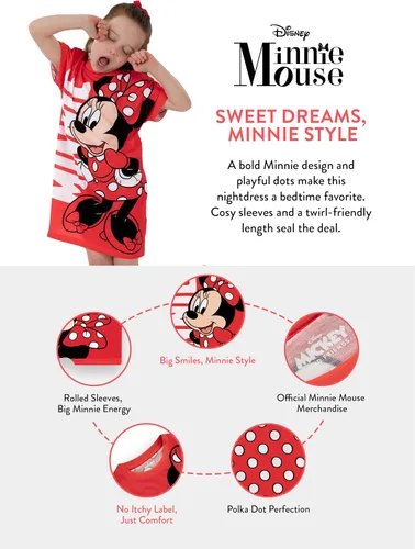 Vista 3 de Disney Camisón de Minnie Mouse para niñas, camisón de Minnie Mouse para niñas, con lunares, ropa de dormir para el verano