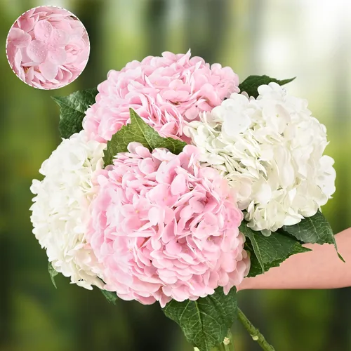 Vista 17 de Flores artificiales de hortensias de tacto real, 2 flores azules y 2 blancas de tacto real, flores de hortensias sintéticas de 21 pulgadas, flores