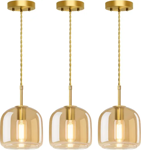 Vista 8 de Luces Colgantes de Isla de Cocina - Luz Colgante Dorada, Luces Colgantes de Latón Estilo Granja con Pantalla de Vidrio Ámbar, Luz Colgante Ajustable