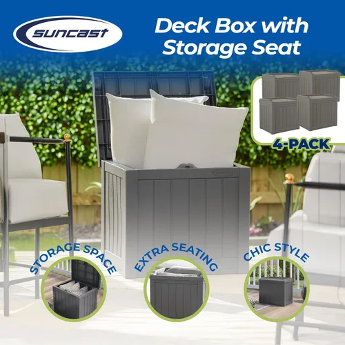 Vista 2 de Suncast Caja de almacenamiento pequeña de 22 galones para patio trasero o exterior, con atractivo asiento de banco y tapa reforzada, color piedra