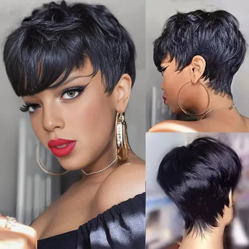 Vista 15 de Pelucas cortas de cabello humano estilo Pixie para mujeres negras, cabello brasileño virgen, corte natural marrón, sin pegamento, con flequillo