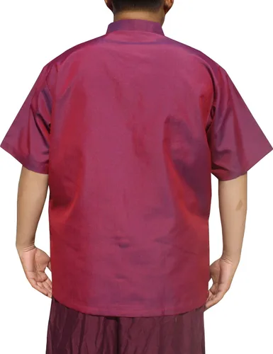 Vista 2 de RaanPahMuang Camisa formal de seda de manga corta con costura tejida del norte de Tailandia Violeta oscuro