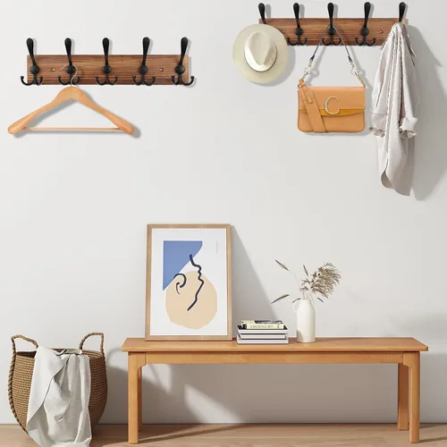 Vista 4 de Kuhome Perchero de madera para colgar sombreros de pared, tablón de madera real de pino de 16.9 pulgadas, color marrón, con 5 ganchos triples