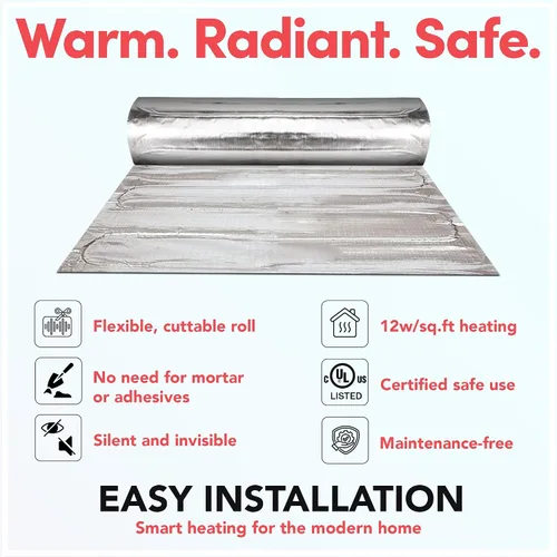 Vista 2 de Calefacción eléctrica radiante por suelo radiante para alfombras, suelos laminados y de madera flotante, corte y giro de 15 pies cuadrados para un