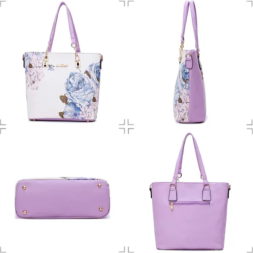 Vista 4 de Juego de 6 bolsas y monederos con estampado floral para mujer, bolso de mano de cuero para el hombro