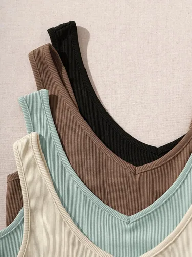 Vista 4 de Milumia Conjunto de 4 camisetas sin mangas con cuello en V de punto acanalado para mujer