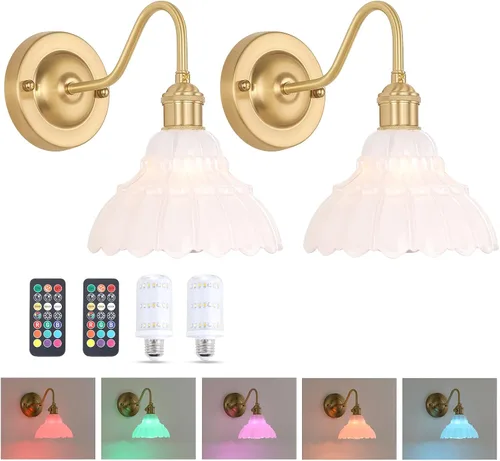 Vista 21 de Shenmoyl - Aplique de pared que funciona con pilas, lámparas de pared vintage recargables con pantalla de vidrio de lirio verde, lámpara de pared