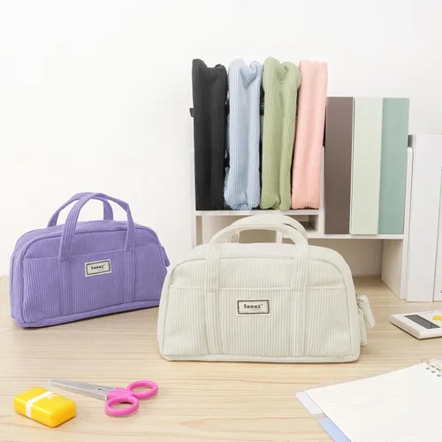 Vista 6 de Sooez Estuche grande para lápices, extra grande con 5 compartimentos, bolsa para bolígrafos de amplia apertura, organizador de pana suave con Beige
