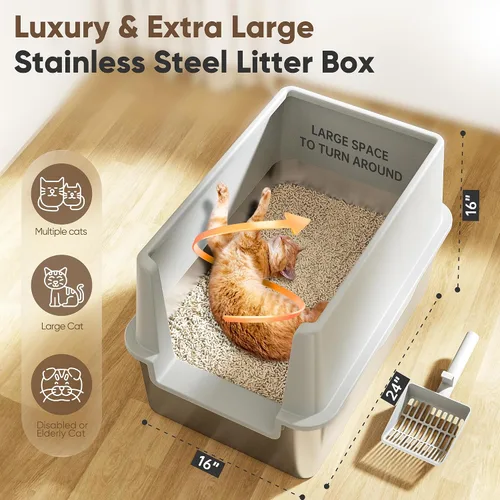 Vista 2 de Caja de arena de acero inoxidable de 16 pulgadas de alto con tapa, caja de arena de metal cerrada XL XXL extra grande para gatos grandes y gatitos