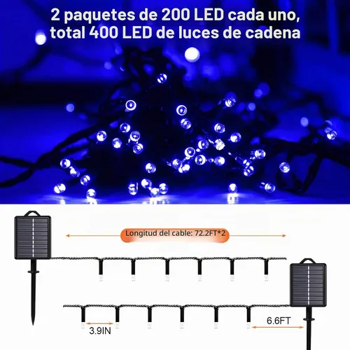 Vista 6 de Guirnalda de luces solares azules impermeables para exteriores, paquete de 2 unidades de 144 pies, 400 LED con 8 modos de impermeabilidad IP44