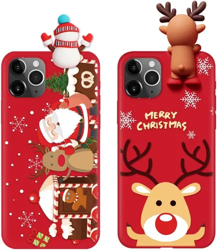 Vista 18 de Pack de 2 Fundas Lindas de Navidad para iPhone 7/8 / SE 2020/2022 4.7", Oso Rojo, Alce, Muñeca 3D, Muñeco de Nieve, Patrón Feliz Navidad, Silicona