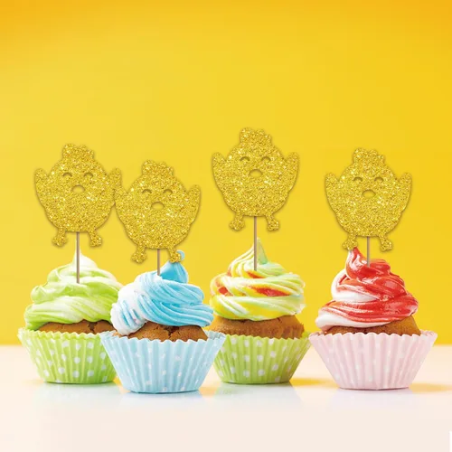 Vista 6 de Juego de 24 adornos para cupcakes de pollo para cumpleaños temáticos de granja, decoración de cupcakes con purpurina dorada, decoraciones