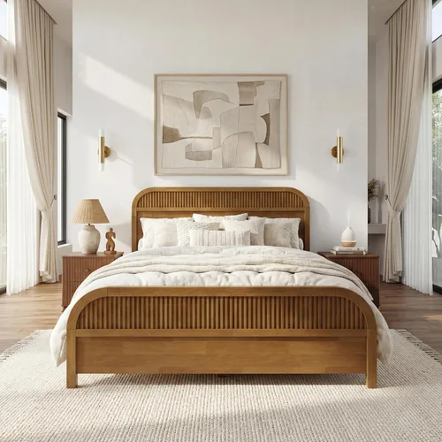 Vista 4 de Christopher Knight Home Base de cama de madera tamaño Queen con cabecero, cama de plataforma con acabado de roble, madera maciza y fabricada,