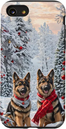 Vista 18 de iPhone 16 Lindo perro pastor alemán en paisaje nevado feliz Navidad caso