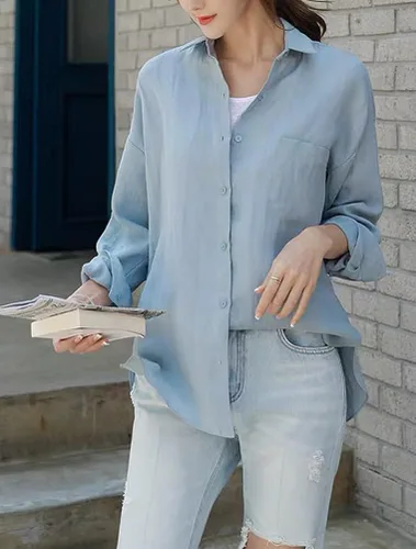 Vista 2 de Cofouen Camisas de lino de algodón para mujer, blusa casual de manga larga con botones y cuello en V