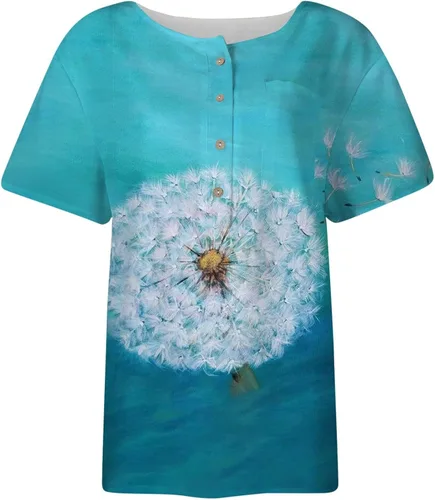 Vista 3 de Camisetas de verano para mujer, estilo casual, con botones, de algodón, lino, impreso, blusa de manga corta para mujer