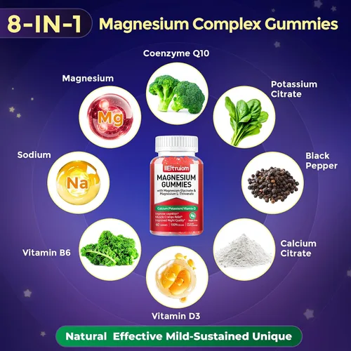 Vista 6 de Complejo de magnesio liposomal de 190 mg para niños por porción, glicinato de magnesio con L-treonato, vitamina D3, CoQ10, gomitas de L-treonato