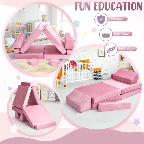 Vista 4 de Sofá de juegos para niños, sofá de 10 piezas para sala de juegos y dormitorio, modular para jugar, crear, dormir (rosa)