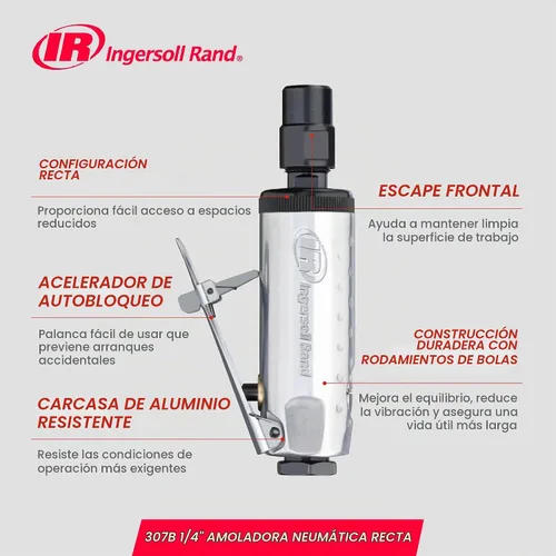 Vista 6 de Ingersoll Rand 307B 1/4" Amoladora neumática con troquel recta, 28,000 RPM, 0.25 HP, construcción de rodamiento de bolas, bloqueo de seguridad