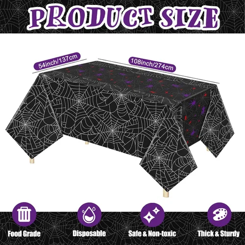 Vista 4 de Peryiter Mantel rectangular de plástico para Halloween, tela de araña, 54 x 108 pulgadas, impermeable, desechable, tela de araña para decoración